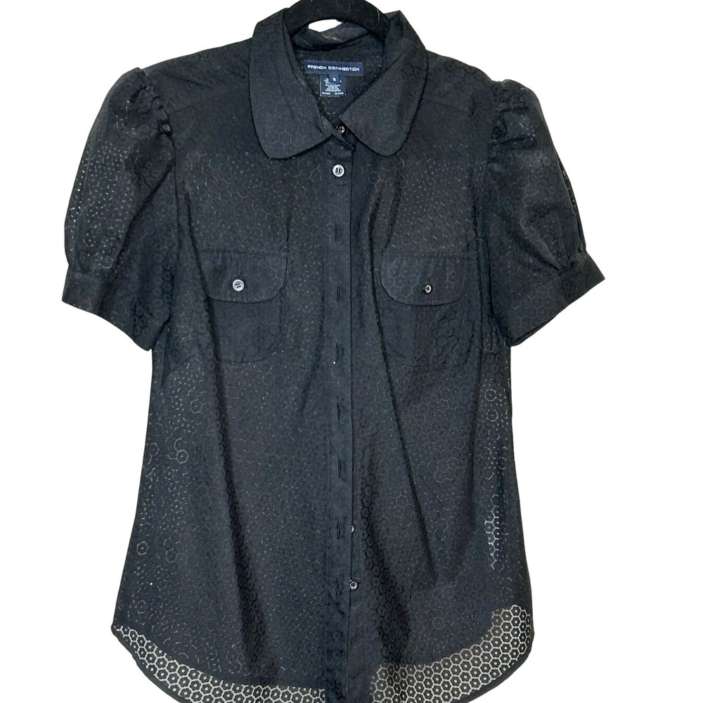French Connection Blouse- size 6- black, button down‎ eyelet pattern